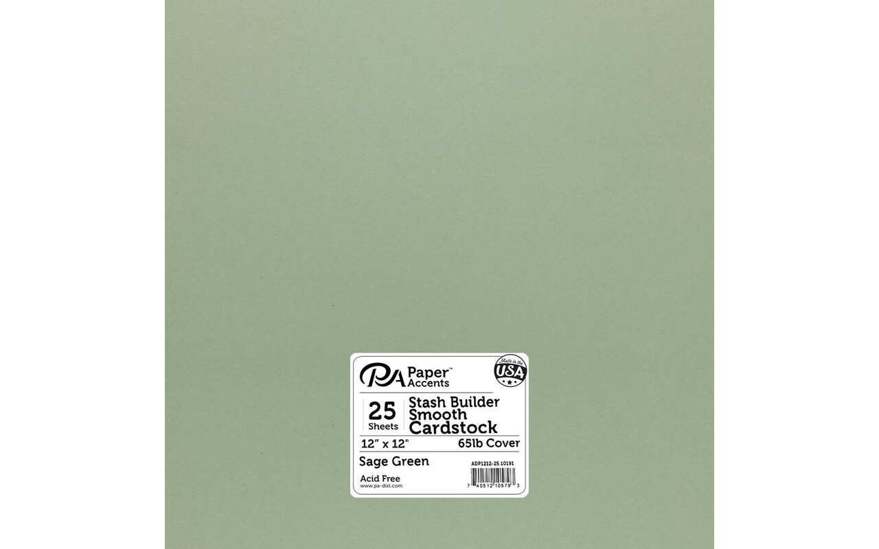 PA Paper Accents Stash Builder Cardstock Pack 12" x 12" Sage Green, 65lb colored cardstock paper for card making, scrapbooking, printing, quilling and crafts, 25 pieces